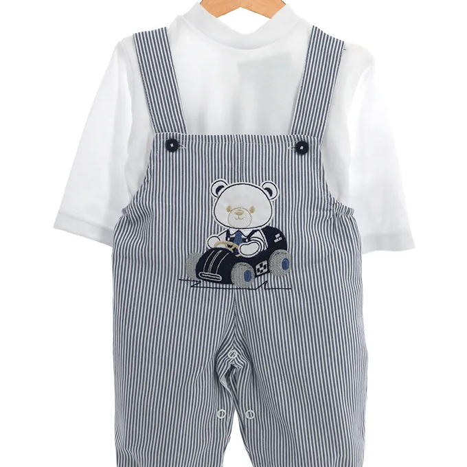 Conjunto Jardineira Bebé com Camisola | Estampado Urso Riscas